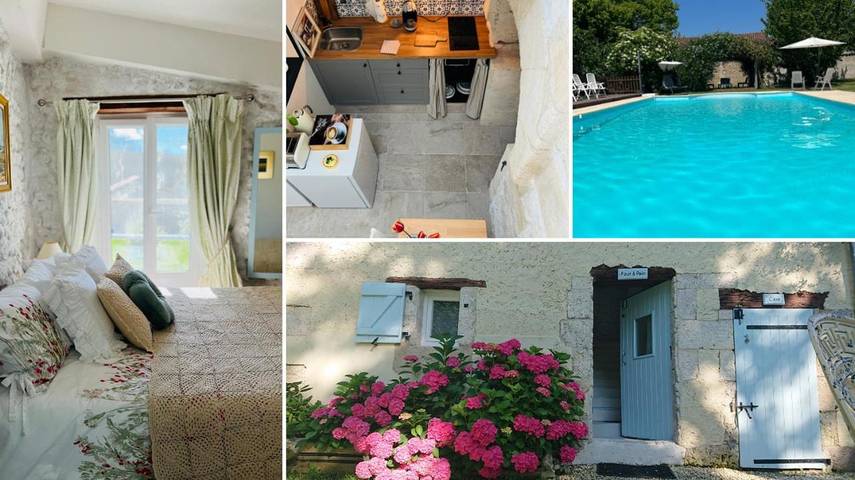 Gîte pour 2 personnes, avec piscine et terrasse ainsi que vue et jardin, animaux acceptés à Saint-Romain
