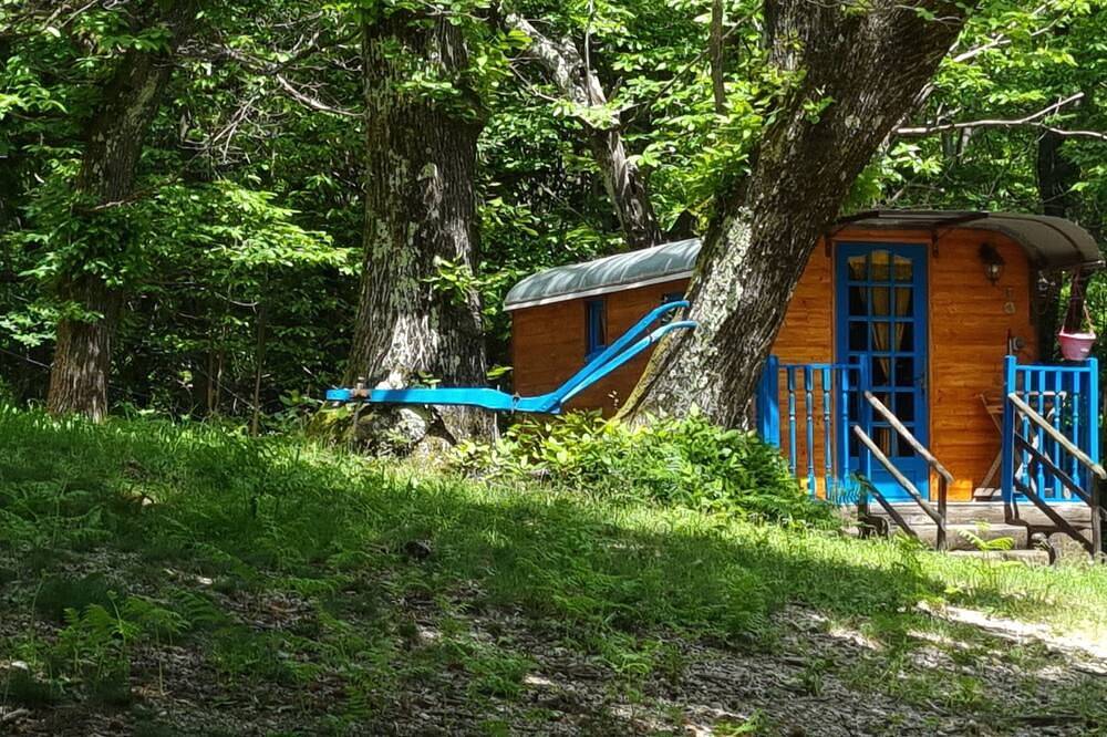 Roulotte le Bleuet, en milieu naturel proche des chemins de randonnées in Valgorge, Parc naturel régional des Monts d'Ardèche
