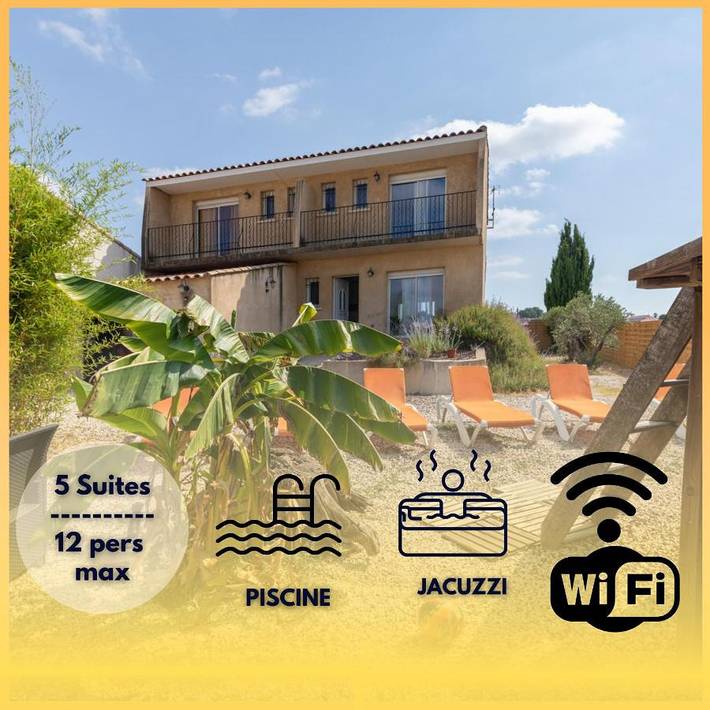 Gîte pour 12 personnes, avec Balcon et Jacuzzi ainsi que Terrasse et Jardin à Causses-et-Veyran