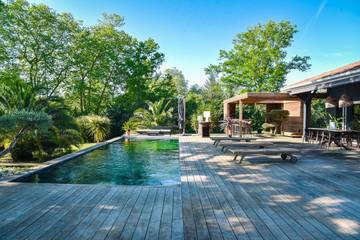 Cottage pour 8 personnes, avec jacuzzi ainsi que piscine et terrasse, animaux acceptés à Angresse