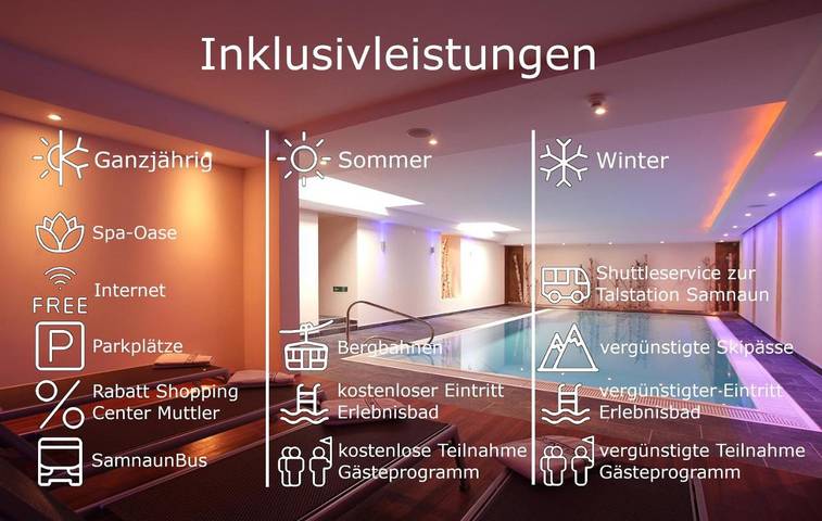 Hôtel pour 4 personnes, avec Balcon et Jacuzzi ainsi que Piscine et Sauna à Samnaun