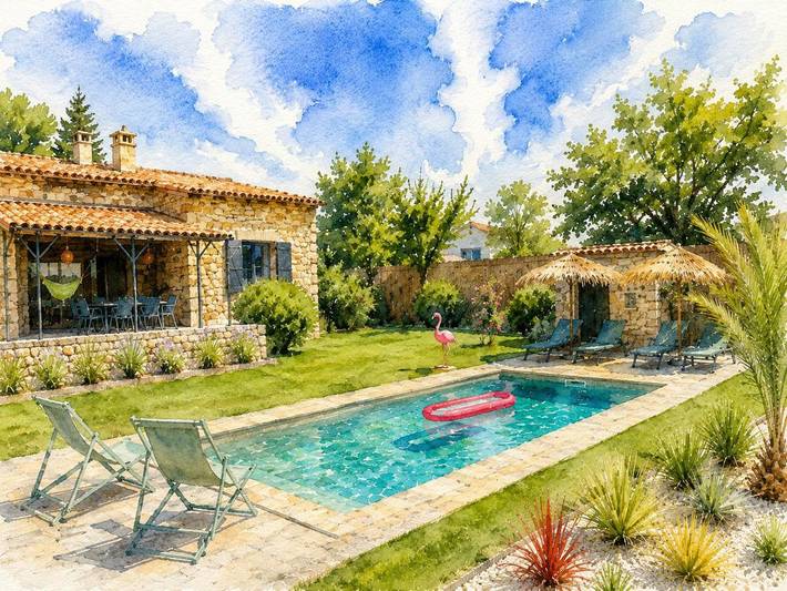 Maison de vacances pour 6 personnes, avec Terrasse ainsi que Jardin et Piscine
