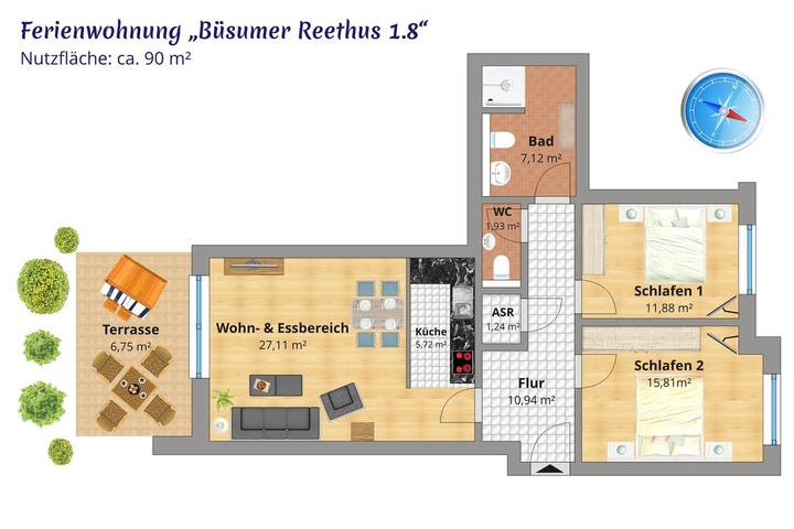Ganze Ferienwohnung, Büsumer Reethus 1.8 - 3-Raum-Ferienwohnung Büsumer Reethus 1.8 in Büsum, Kreis Dithmarschen