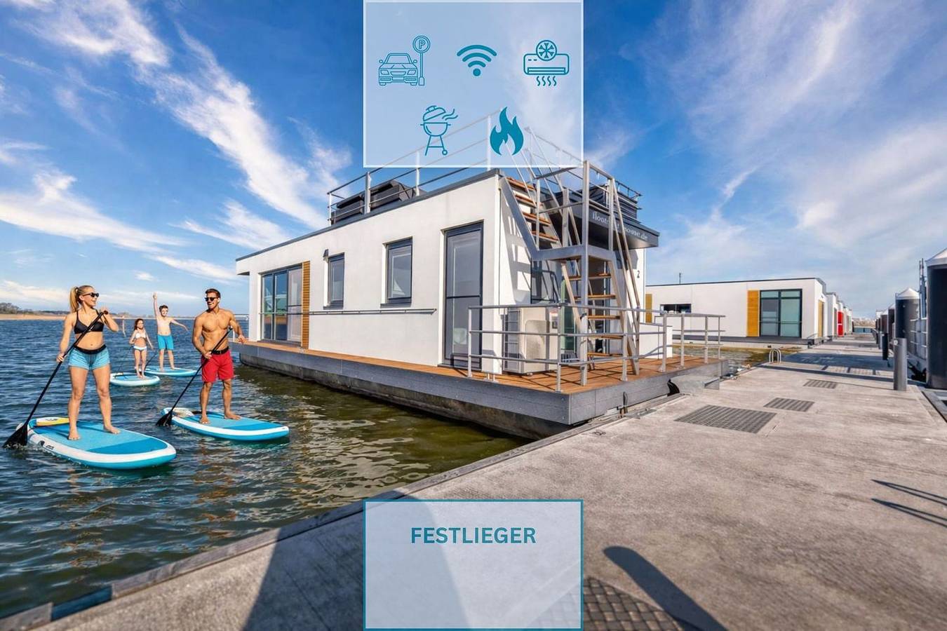 Floatinghouse Sunday: Stilvolles Hausboot am See mit Terrasse & Kamin in Ribnitz, Ribnitz-Damgarten
