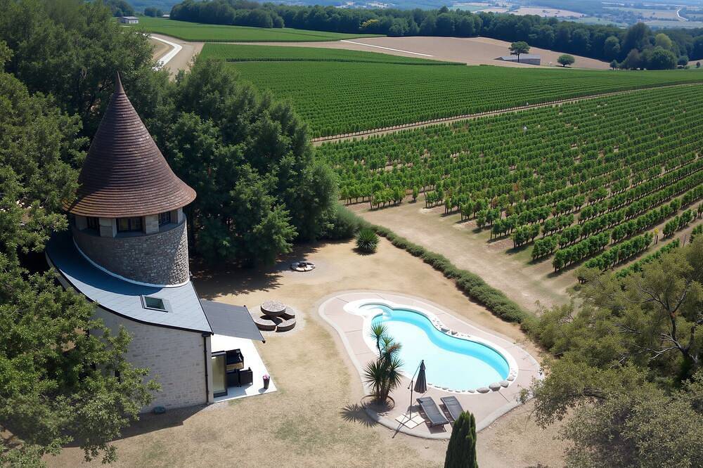 Retraite romantique dans un moulin à vent du Xviiie siècle avec piscine, jacuzzi et vue panoramique in Coutures, Région de Langon