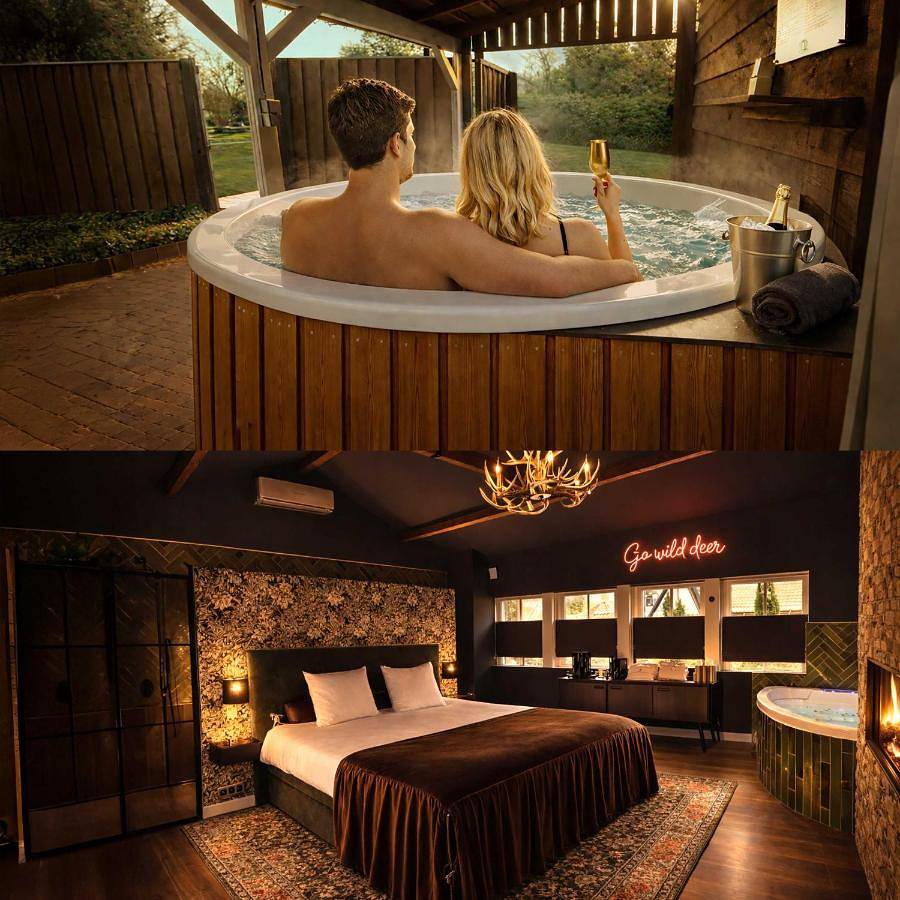 Wellness Tuin Horst Noord Limburg - Suite met Indoor Jacuzzi, Openhaard, Privé Hottub en Privé Sauna in Jachthut stijl - Ultieme Partner Beleving in Horst, Limburg