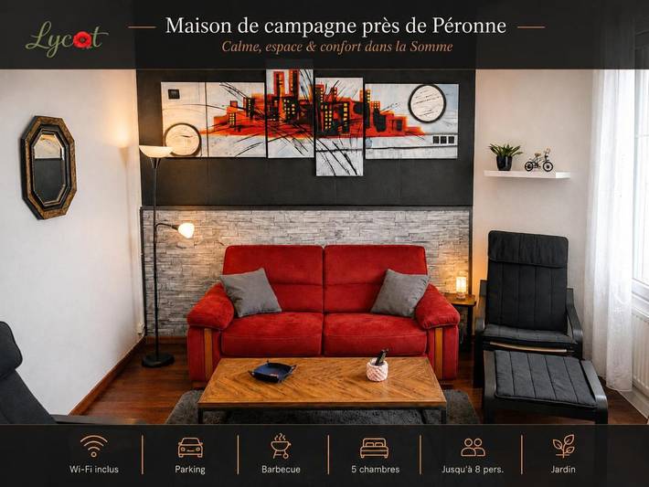 Location de vacances pour 8 personnes, avec Terrasse ainsi que Jardin et Vue dans Dompierre-Becquincourt