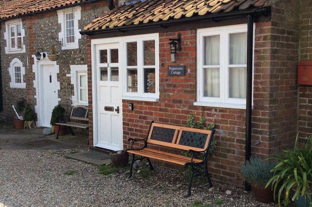 Ein traditionelles Ziegelstein-und Feuerstein-Nordnorfolk-Häuschen in Bodham, Norfolk Coast