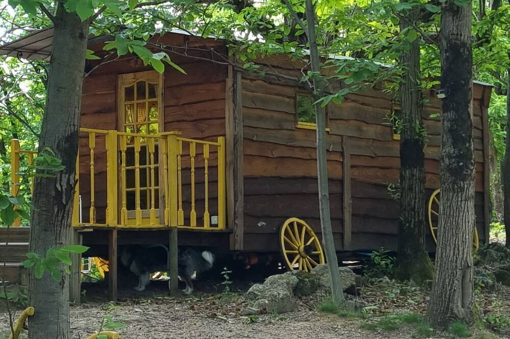Back to basics the Daffodil trailer close to the hiking trails in Valgorge, Parc naturel régional des Monts d'Ardèche