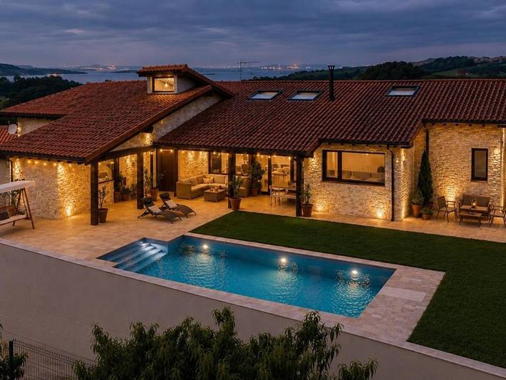 Casa de vacaciones para 10 personas, con Balcón y Terraza además de Jardín y Piscina en Mogro