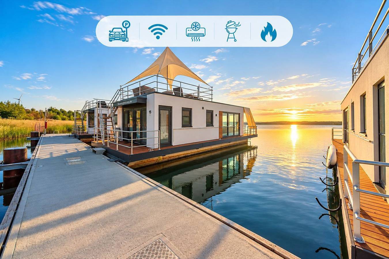 Floatinghouse Möweninsel: fantastischer Seeblick mit Terrasse in Laasow, Vetschau