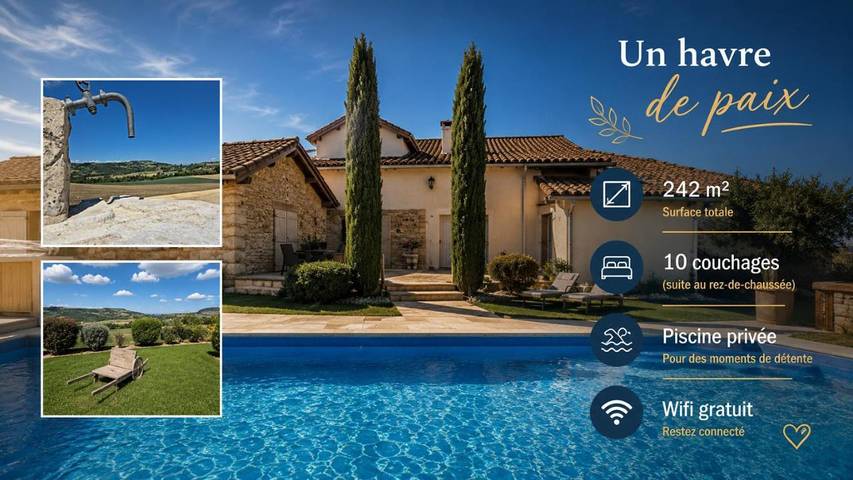 Location de vacances pour 10 personnes, avec Terrasse et Jardin ainsi que Piscine et Vue à Montchenu