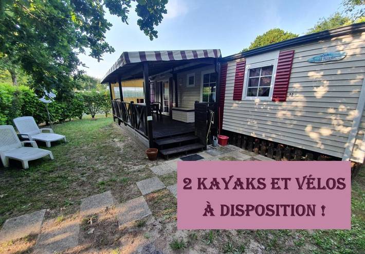Camping pour 5 personnes, avec terrasse ainsi que jardin et piscine, animaux acceptés
