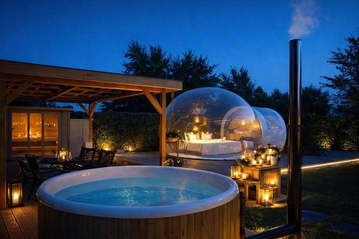Zelt für 3 Personen, mit Whirlpool und Terrasse sowie Garten und Sauna