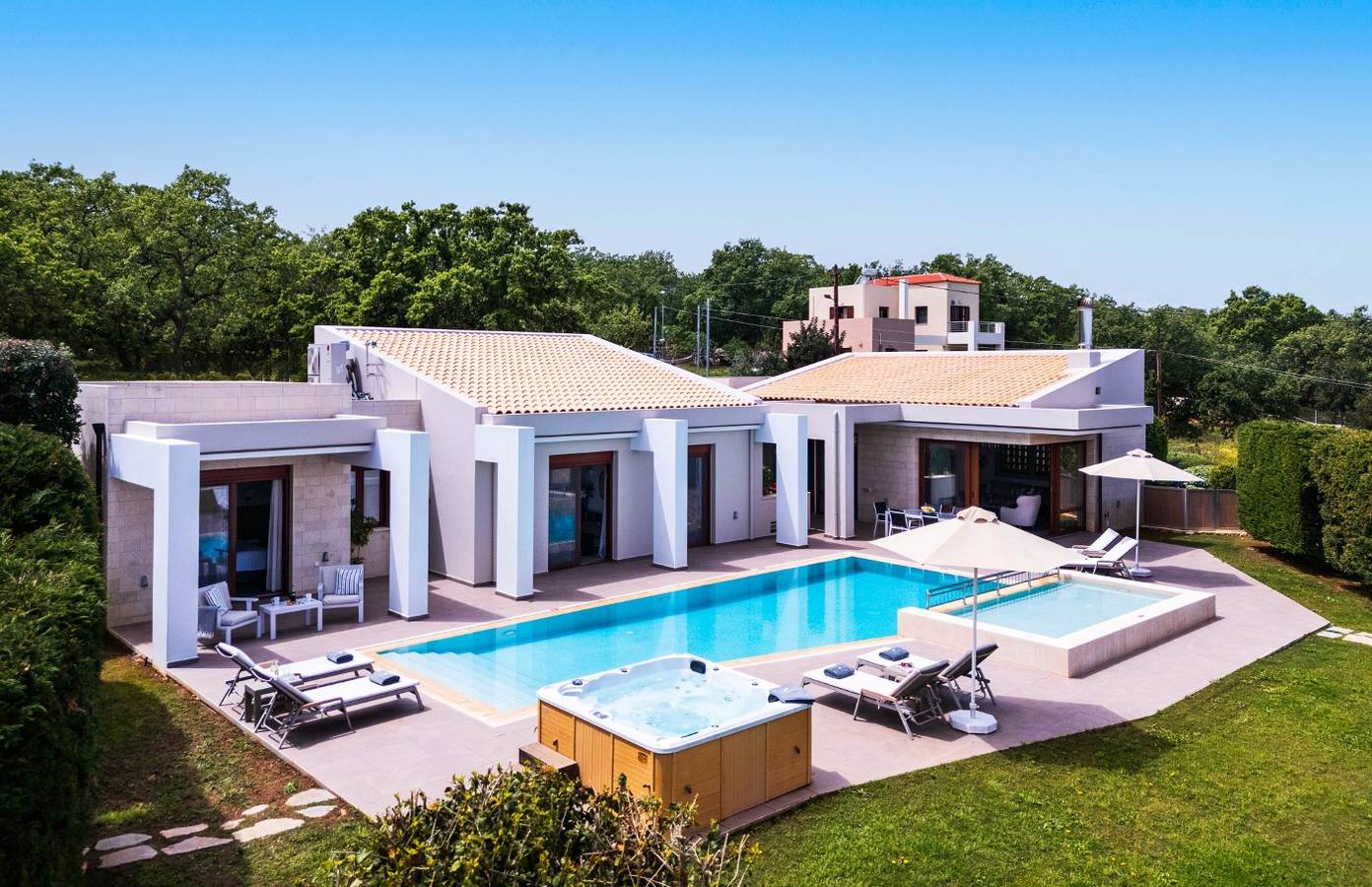High-Spec Contemporary Villa with Garden, Jacuzzi and Walk-to-Tavernas Location in Prines, Nikiforos Fokas