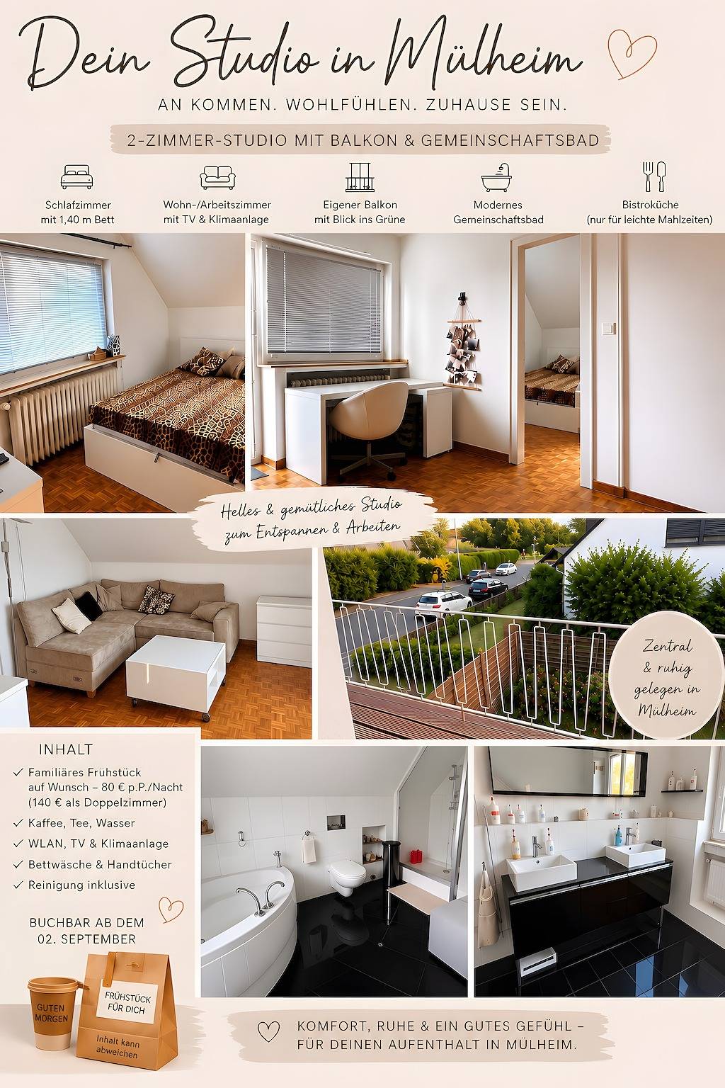 Bed & Breakfast 'Studio Mel' con balcón y aire acondicionado in Mülheim an der Ruhr, Región del Ruhr