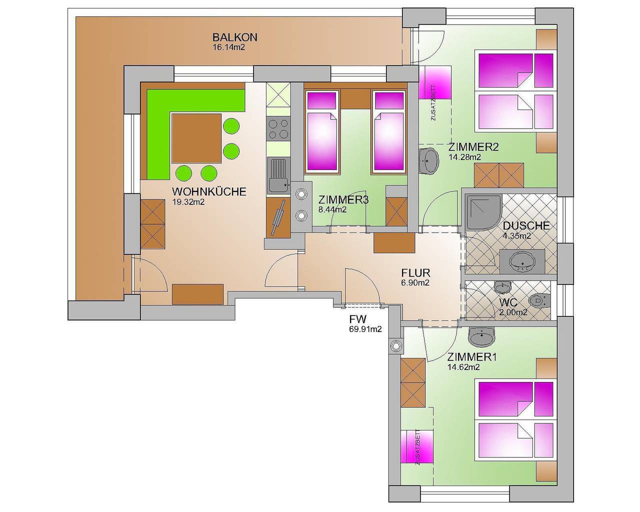 Ganze Ferienwohnung, Apartment/3 Schlafräume/Bad, Wc in Aschau im Zillertal, Bezirk Schwaz