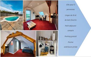 Chambre d’hôte pour 3 personnes, avec jardin et piscine ainsi que vue et bassin pour enfant dans Le Donjon