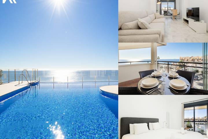 Location de vacances pour 4 personnes, avec vue sur l’océan et piscine ainsi que balcon et balcon/terrasse, animaux acceptés à Estepona