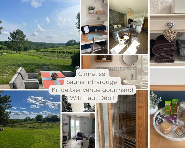 Gîte pour 2 personnes, avec vue ainsi que jardin et sauna à Pomport