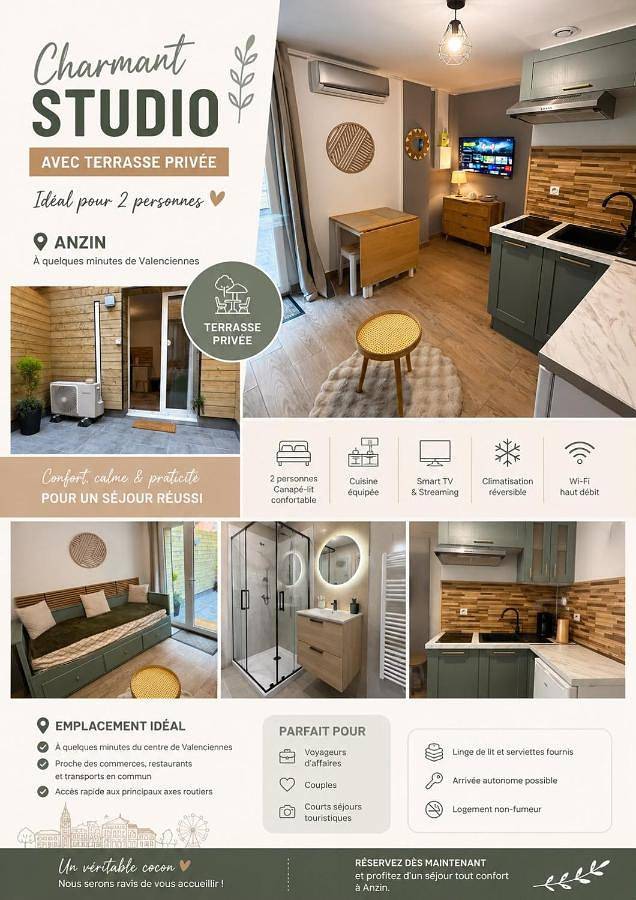 Appartement entier, Charmant studio 2 personnes terrasses privé Anzin in Anzin, Région de Valenciennes