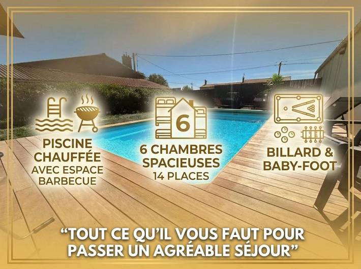 Location de vacances pour 14 personnes, avec Terrasse ainsi que Jardin et Piscine à Saint-Sigismond (Vendée)