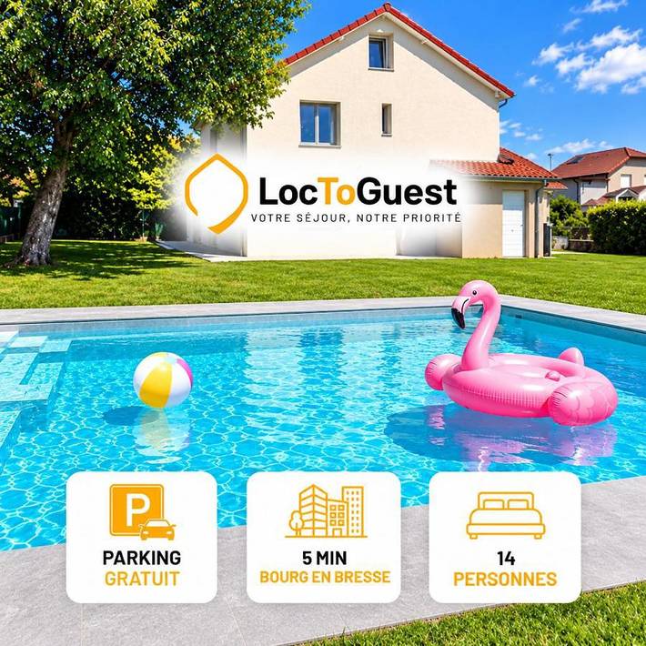 Location de vacances pour 14 personnes, avec Terrasse et Jardin ainsi que Piscine et Vue dans Saint-Denis-lès-Bourg