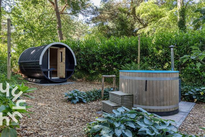 Wooded 4-person chalet with hot tub and sauna in large private garden in Diever in Nationalpark Dwingelderveld