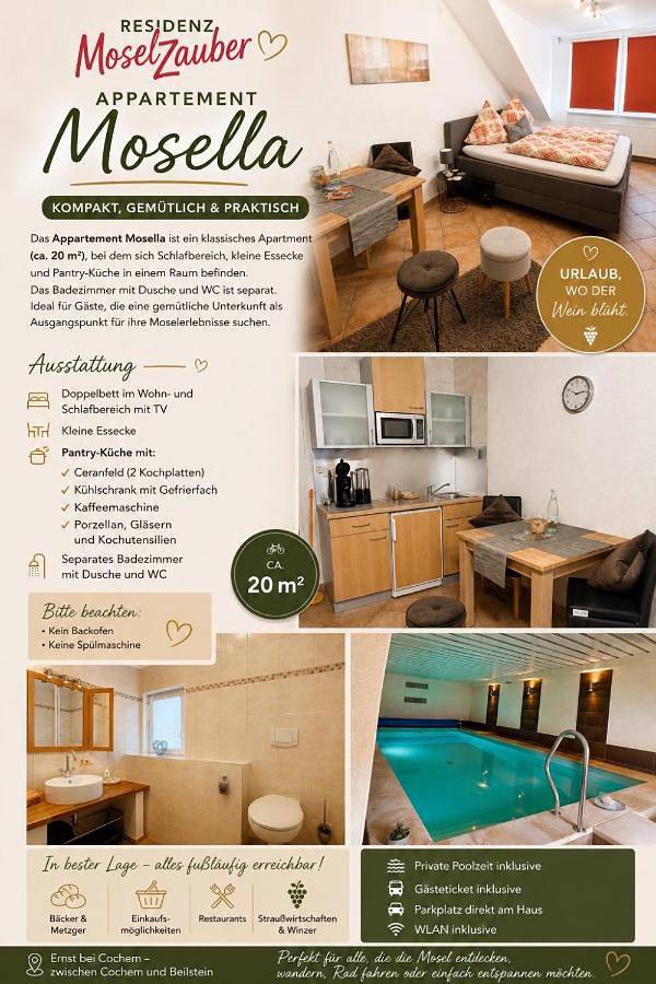 Ganze Wohnung, Residenz Moselzauber - Ferienwohnungen mit Pool Landschaft in Ernst, Cochem-Zell