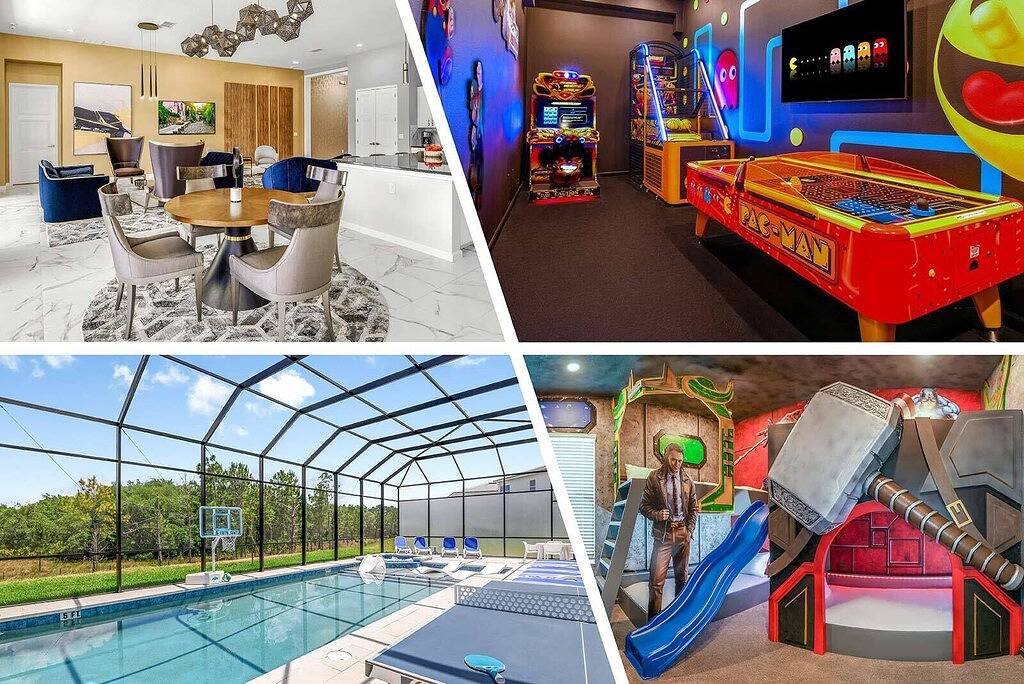 Chic Villa w Arcade, Theater, Game Loft, Spa Pool, Huge Office Space, Near Parks in Central Florida