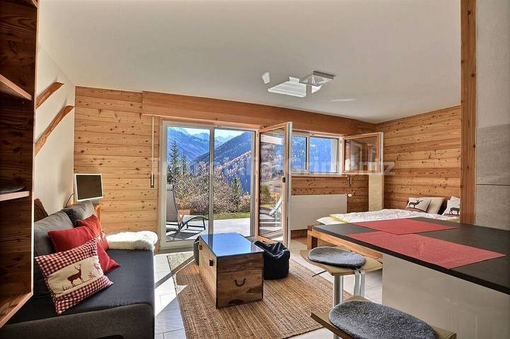 Ganze Wohnung, Komfortables Studio für 2 bis 3 Personen, Wohnzimmer mit 1 Doppelbett (140) und 1 Schlafsofa, Kochni in Grimentz, Anniviers