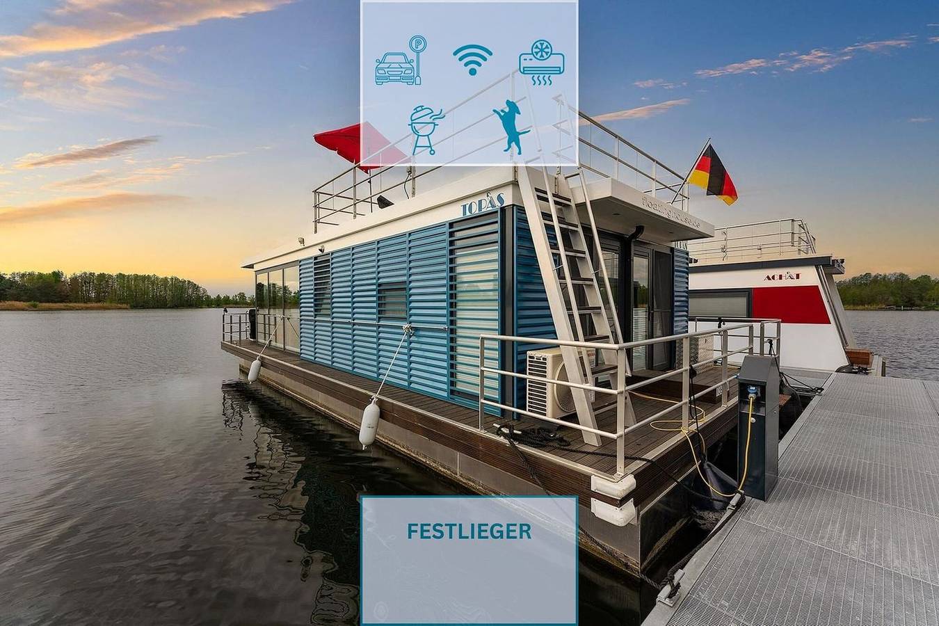 Floatinghouse Topas: 44 m² Hausboot mit Seeblick, Kaminofen & Terrasse in Zehdenick, Ruppiner Seenland