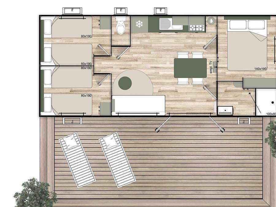 Flower Camping La Rivière - Mobilheim 7 personen - Mobilheim 35m² Premium + (3Sch-6/7Pers) + Terrasse + Lv + Tv + Clim in Saint-Maime, Regionaler Naturpark Luberon