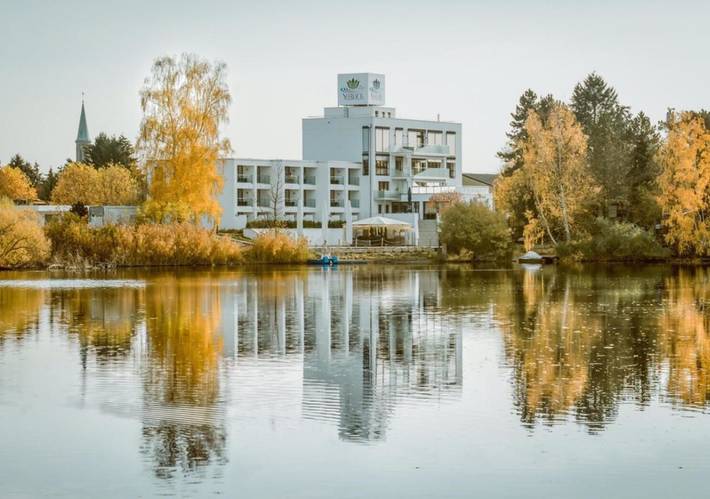 Hotel, mit Balkon und Terrasse sowie Seeblick und Ausblick in Rheinebene