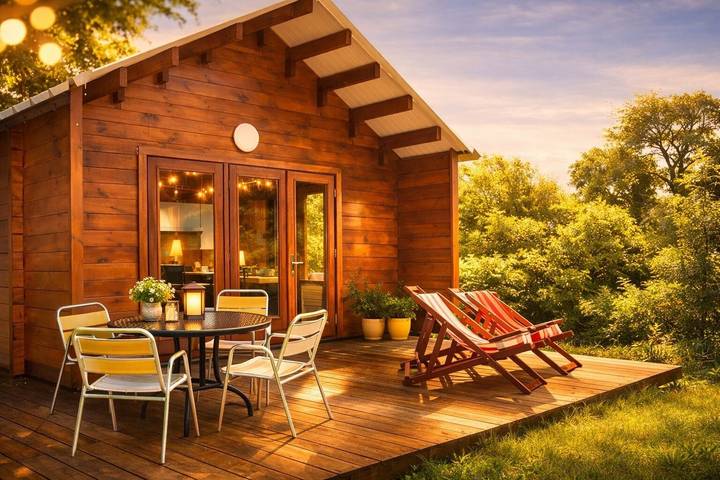 Chalet "Pondok Indah" avec jacuzzi, terrasse privée et jardin privé in Plouégat-Moysan, Région de Morlaix