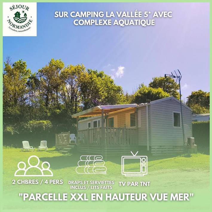 Camping für 4 Personen, mit Terrasse und Garten sowie Pool und Ausblick in Houlgate