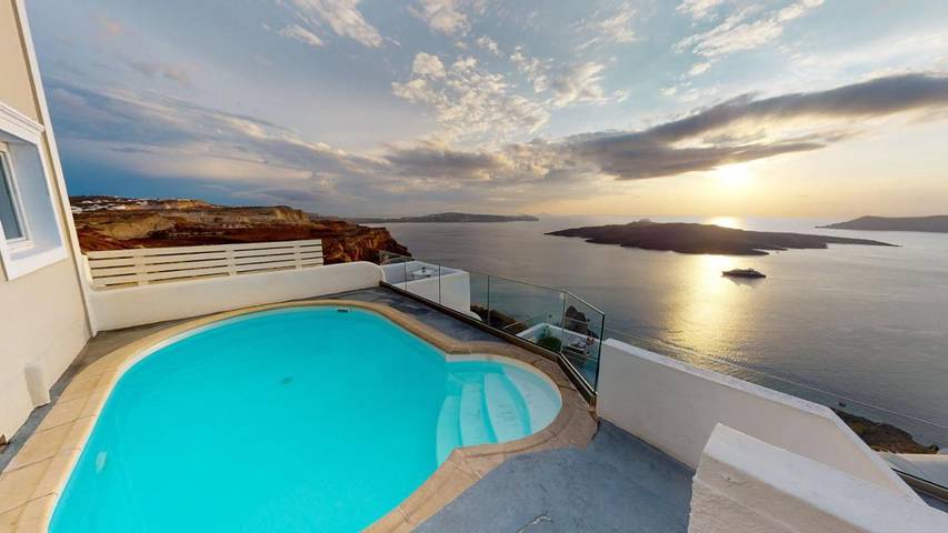 BnB für 3 Personen, mit Balkon und Pool sowie Ausblick auf Santorin