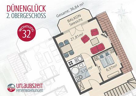 Ferienwohnung für 4 Personen, mit Meerblick und Balkon sowie Balkon/Terrasse in Duhnen - 2