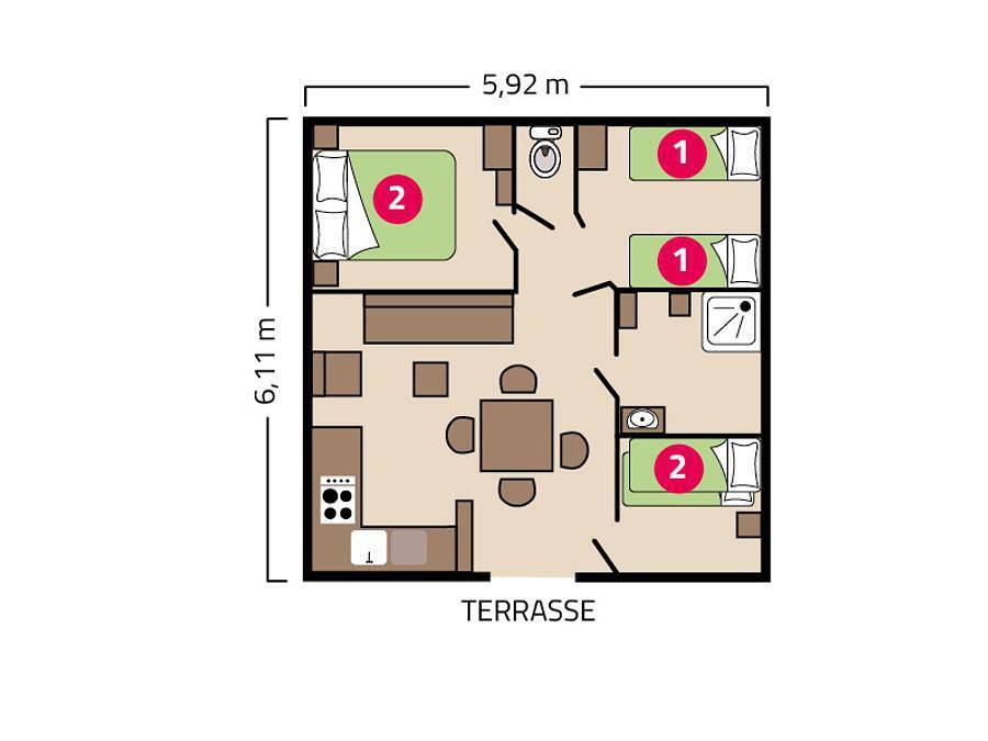 Camping Les Chalands Fleuris - Chalet 6 personen - Chalet Grand Large 6 Personen in Saint-André-des-Eaux, Côte d'Amour