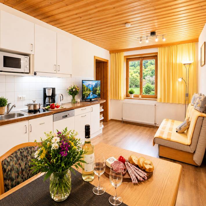 Ferienwohnung für 3 Personen, mit Terrasse und Garten sowie Ausblick