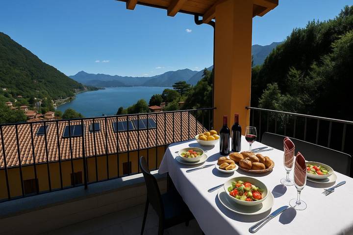 Chalet voor 8 personen, with terras and zwembad as well as uitzicht op het meer aan het Comomeer