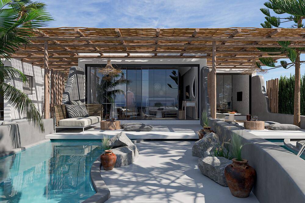 Apocalypsis Suite | walk out Sea View patio  with Private Heated Pool in Perivolos Strand, Perissa