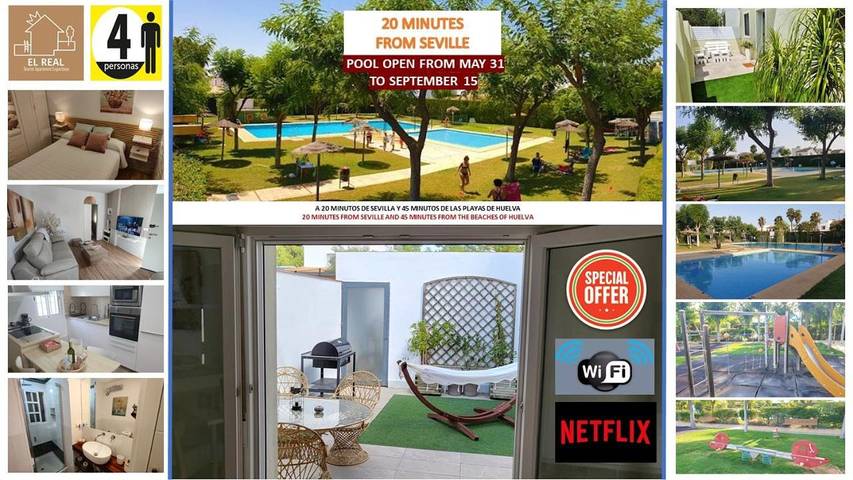 Apartamento para 4 personas, con jardín y piscina, Se admiten mascotas en Espartinas