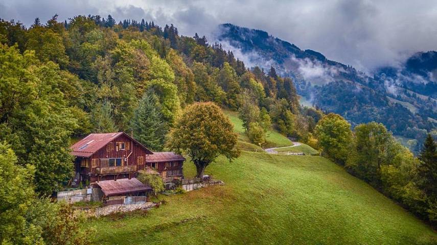 Gîte pour 12 personnes, avec vue ainsi que vue sur le lac et terrasse, animaux acceptés à Rossinière