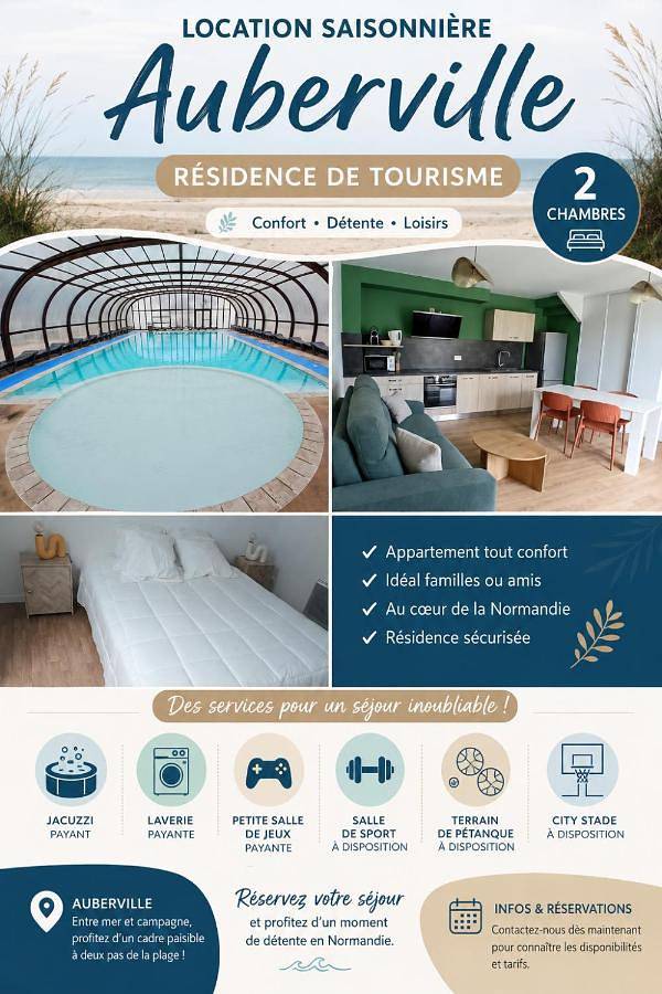 Location de vacances pour 6 personnes, avec terrasse et piscine ainsi que jardin et vue, animaux acceptés à Auberville