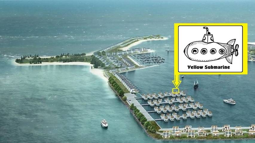 Casa de férias 'Schwimmendes Haus Yellow Submarine' com vista para o mar, terraço e Wi-Fi in Olpenitz, Kappeln