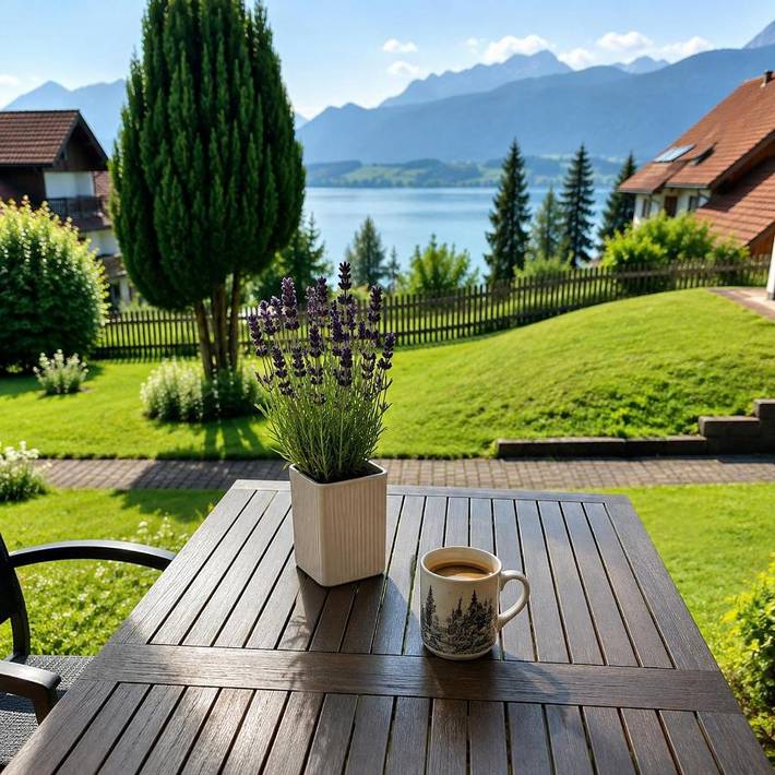 Ferienwohnung für 4 Personen, mit Terrasse und Garten sowie Seeblick und Ausblick in Rieden