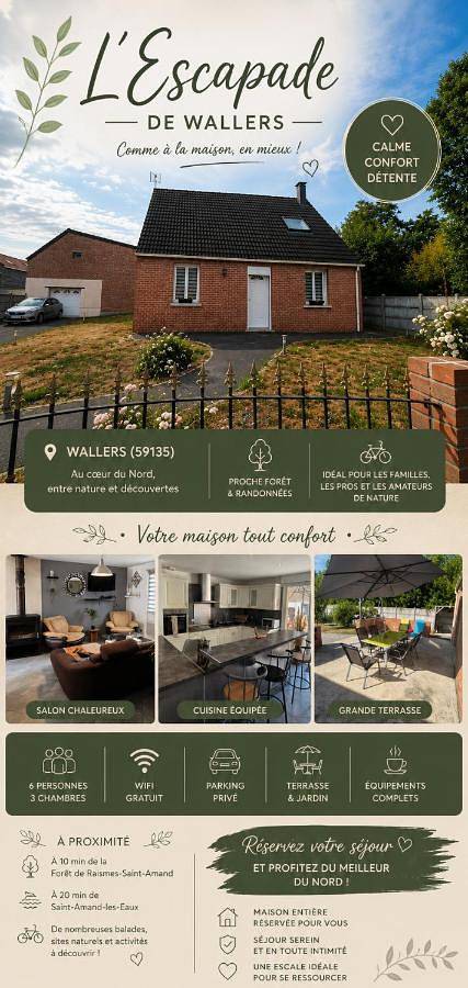Location de vacances pour 6 personnes, avec Terrasse et Jardin à Wallers