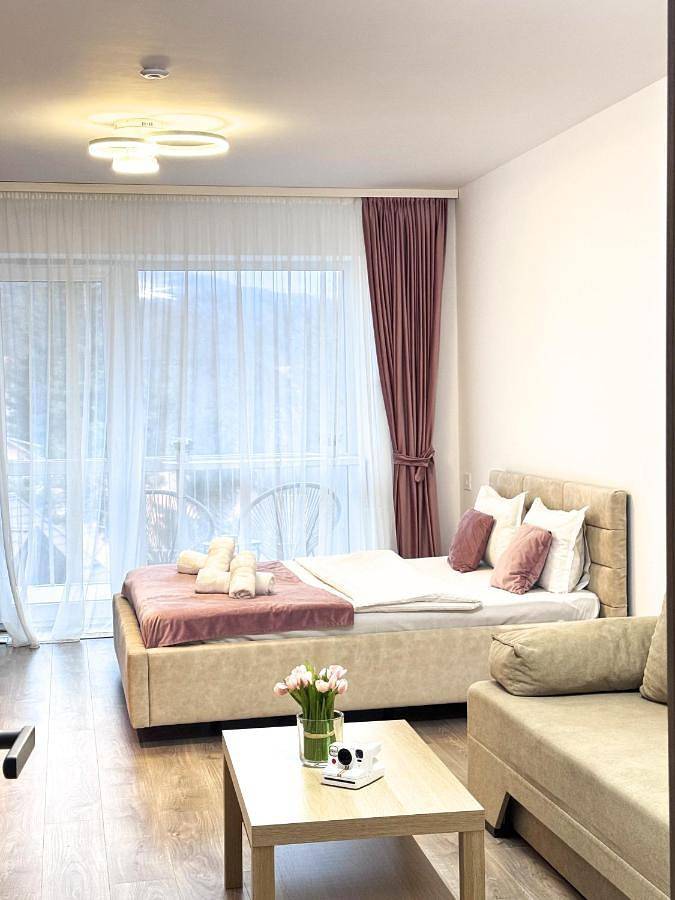 Location de vacances pour 4 personnes, avec sauna et vue ainsi que terrasse et piscine à Sinaia