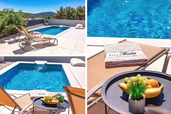 Villa pour 6 personnes, avec vue ainsi que piscine et jardin, animaux acceptés à Tisno